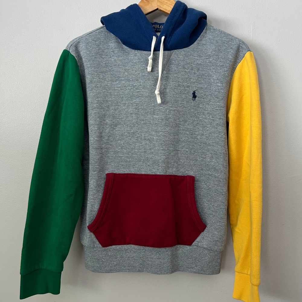 Polo Ralph Lauren Hoodie Mens Medium Colorblock Primary Colors Gray Sweatshirt